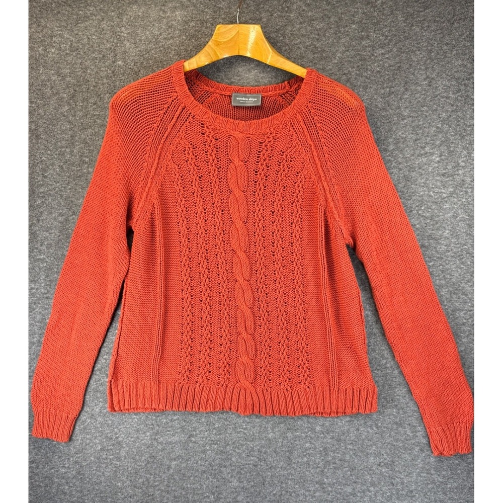 Wooden Ships Sweater Womens M/L Orange Designer Cable Knit Pointelle Cotton Top